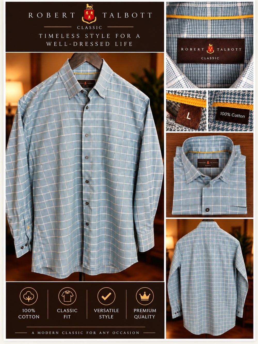 Robert Talbott Light Blue Windowpane Check Dress Shirt - Size L